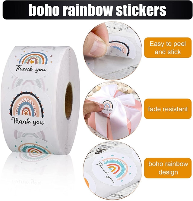 1.5" Boho Rainbow Thank You Stickers (roll of 500)