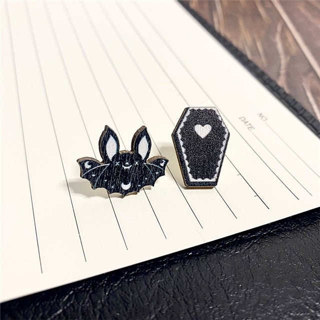 Bat and Coffin Wooden Stud Earrings (1 pair)