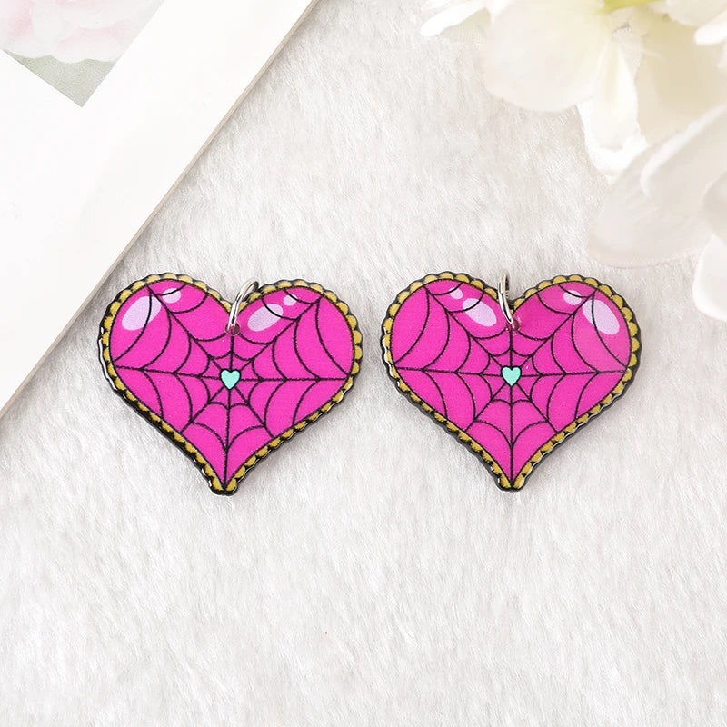 Hot Pink Spider Web Heart Acrylic Charm
