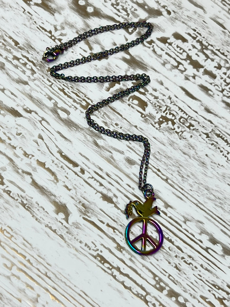 Rainbow Dove and Peace Sign Necklace