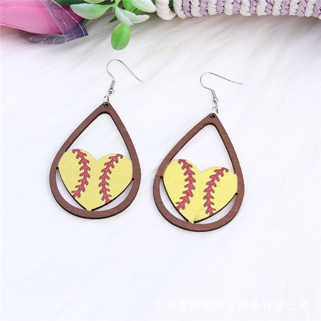 Softball Heart Tear Drop Wooden Earrings (1 pair)