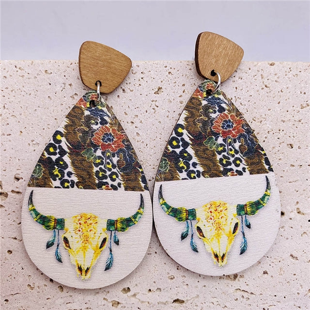 Bull Skull Wooden Teardrop Earrings (1 pair)