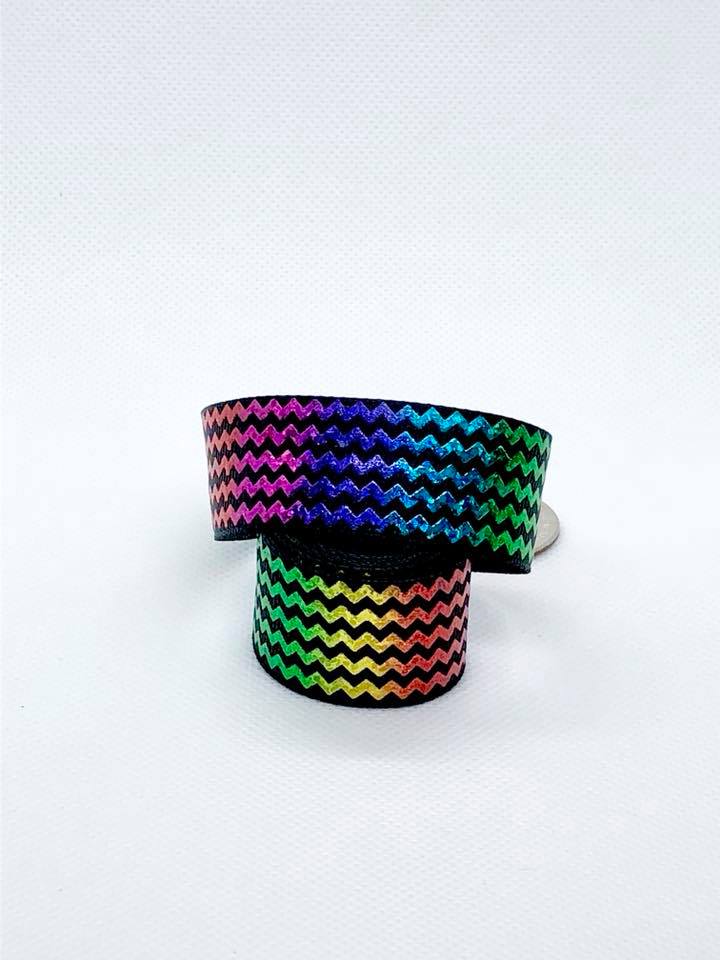 7/8” Rainbow Foil Zigzags on Black Ribbon