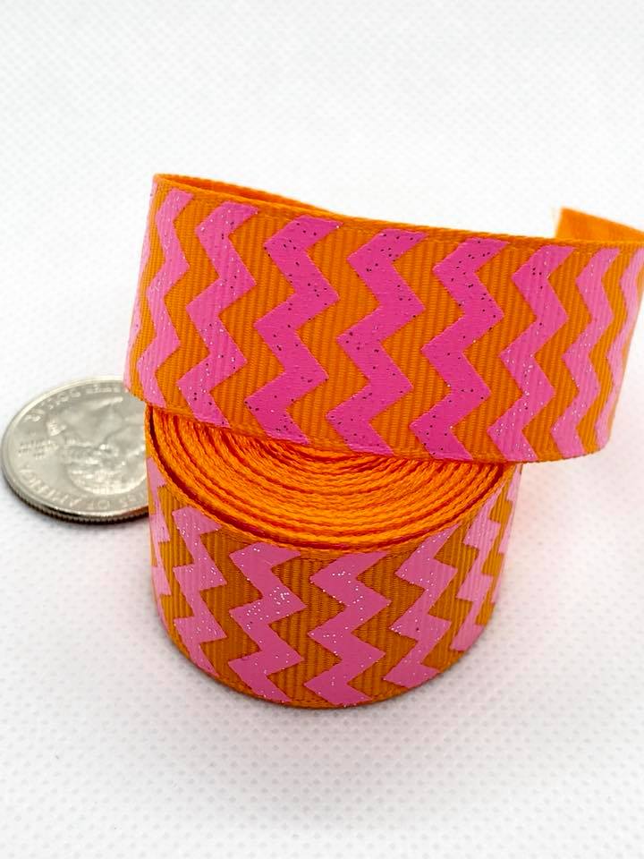7/8” Pink Glitter Zigzags on Orange Ribbon