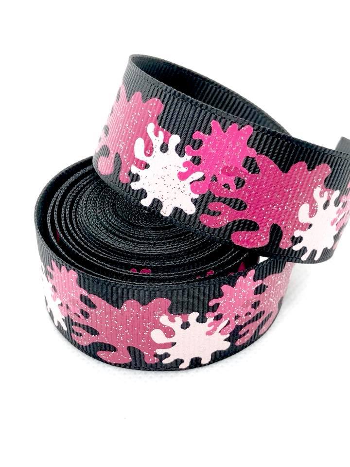 7/8” Pink Glitter Paint Spots on Black Ribbon