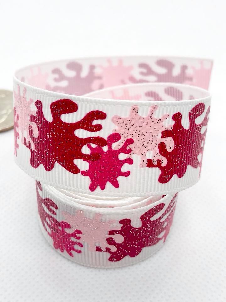 7/8” Pink Glitter Paint Spots on White Ribbon