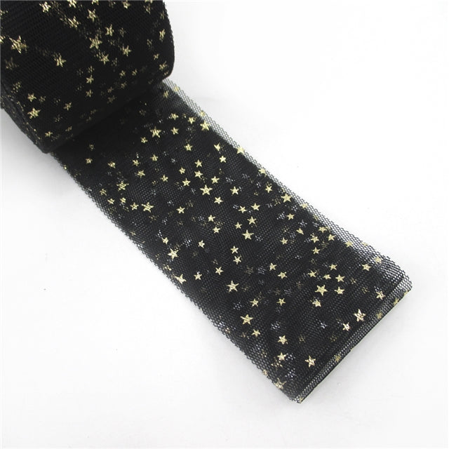 2.2" Gold Star Black Tulle Roll - 25 Yards