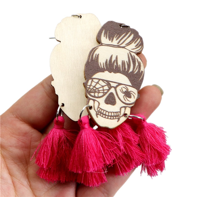 Rose Tassle Skull Wood Earrings (1 pair)