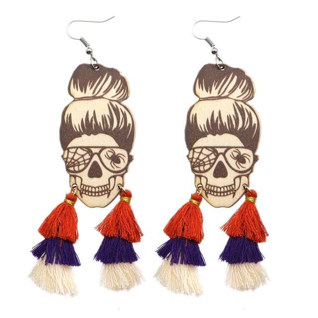 Tricolored Tassle Skull Wood Earrings (1 pair)