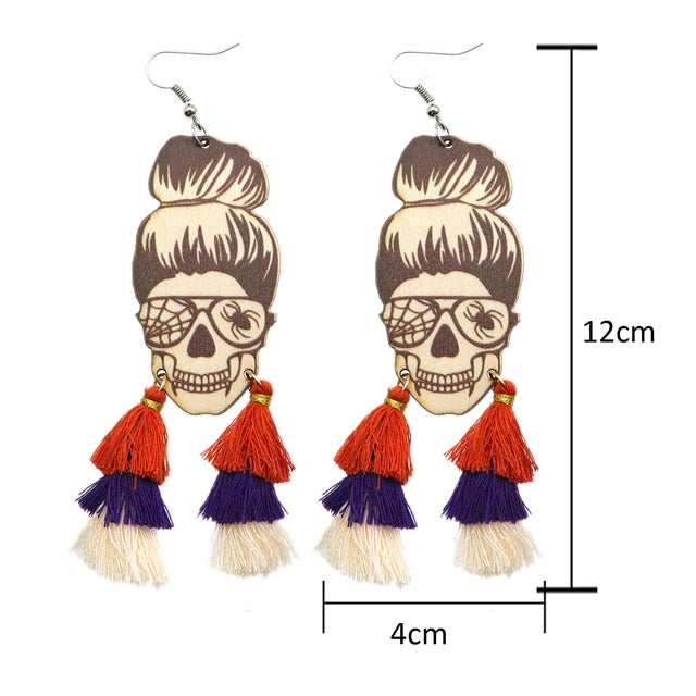 Tricolored Tassle Skull Wood Earrings (1 pair)