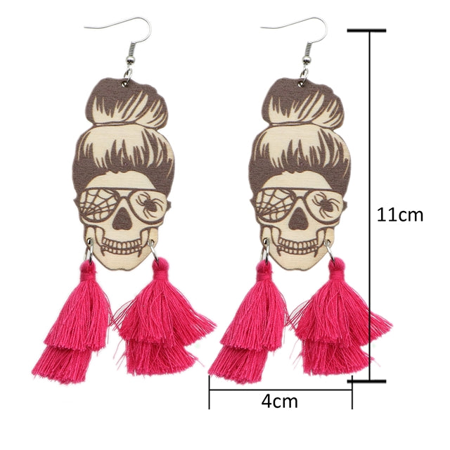 Rose Tassle Skull Wood Earrings (1 pair)