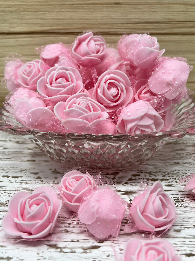 1.4" Pink Foam and Tulle Rose - Pack of 5