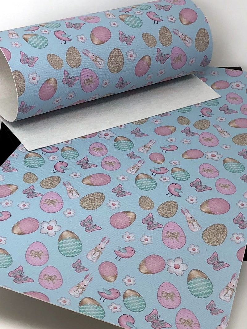 Gold Egg Easter Bunny Faux Leather Sheet - Blue
