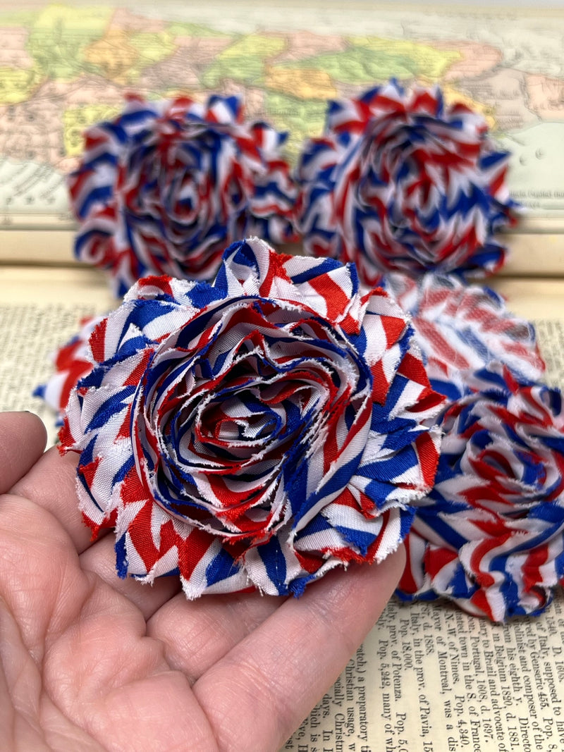 2.5" Red, White and Blue Stripes Shabby Flower