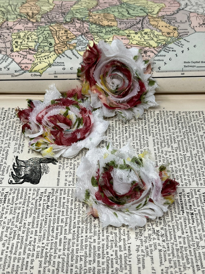 2.5" White and Red Floral Shabby Flower