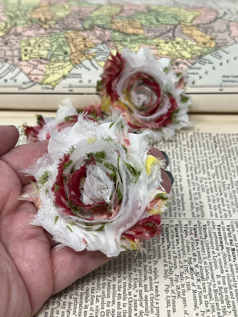 2.5" White and Red Floral Shabby Flower