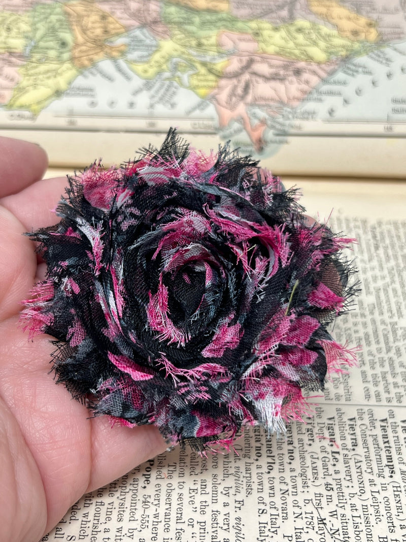 2.5" Black and Pink Floral Shabby Flower