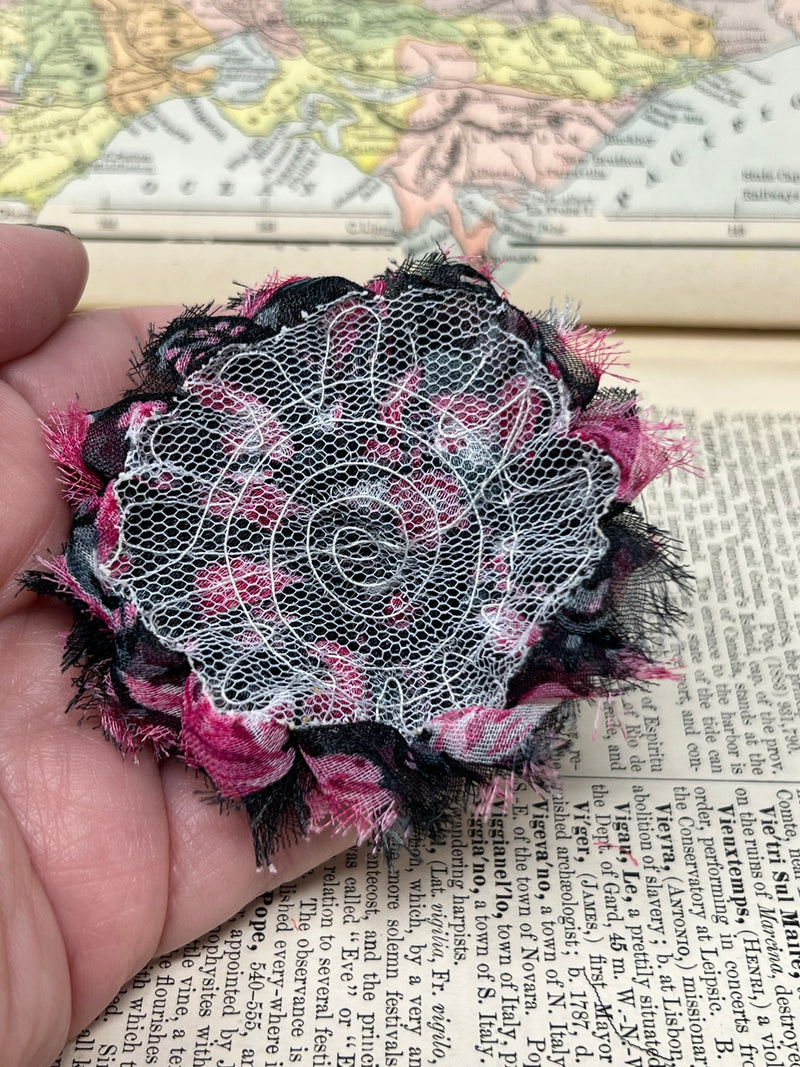 2.5" Black and Pink Floral Shabby Flower