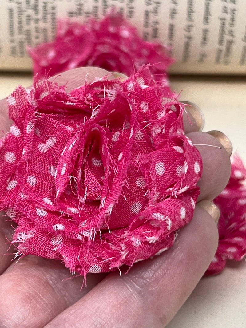 1.5" Pink and White Polka Dot Shabby Flower