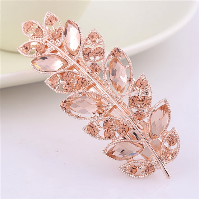 Champagne Rhinestone Leaf Barrette