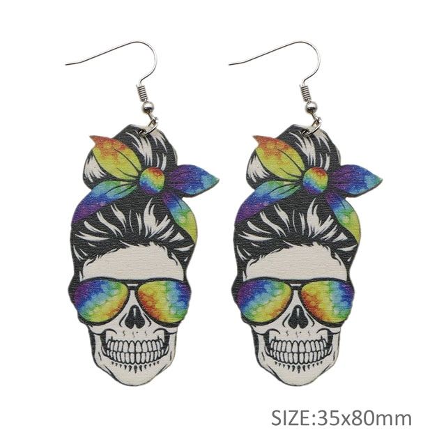 Rainbow Skull Wood Earrings (1 pair)