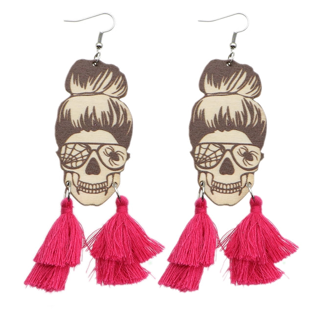 Rose Tassle Skull Wood Earrings (1 pair)