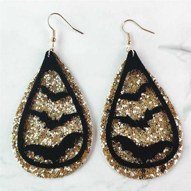 Black Bats and Gold Chunky Glitter Drop Earrings (1 pair)