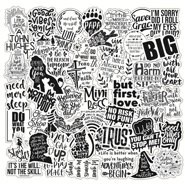 Black and White Phrase Sticker Pack  (50 stickers)