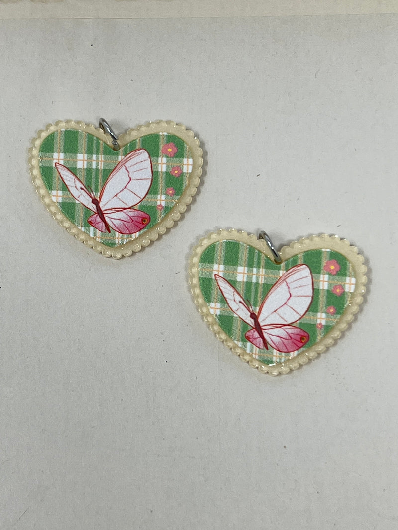 Green Plaid Butterfly Heart Acrylic Charm