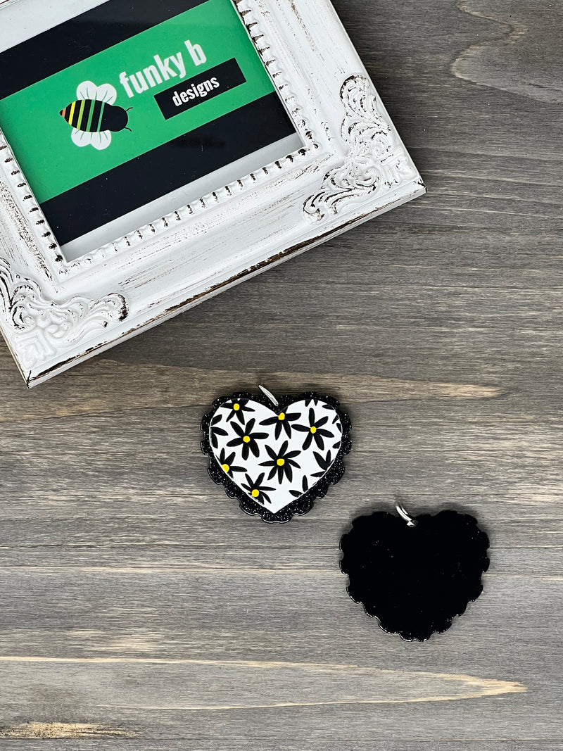 Black Daisy Heart Acrylic Charm