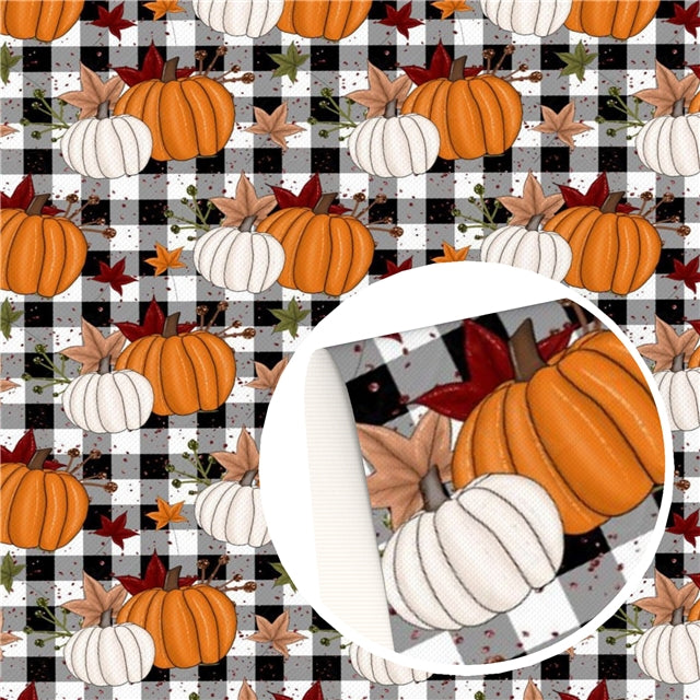 Plaid Fall Pumpkins Faux Leather Sheet